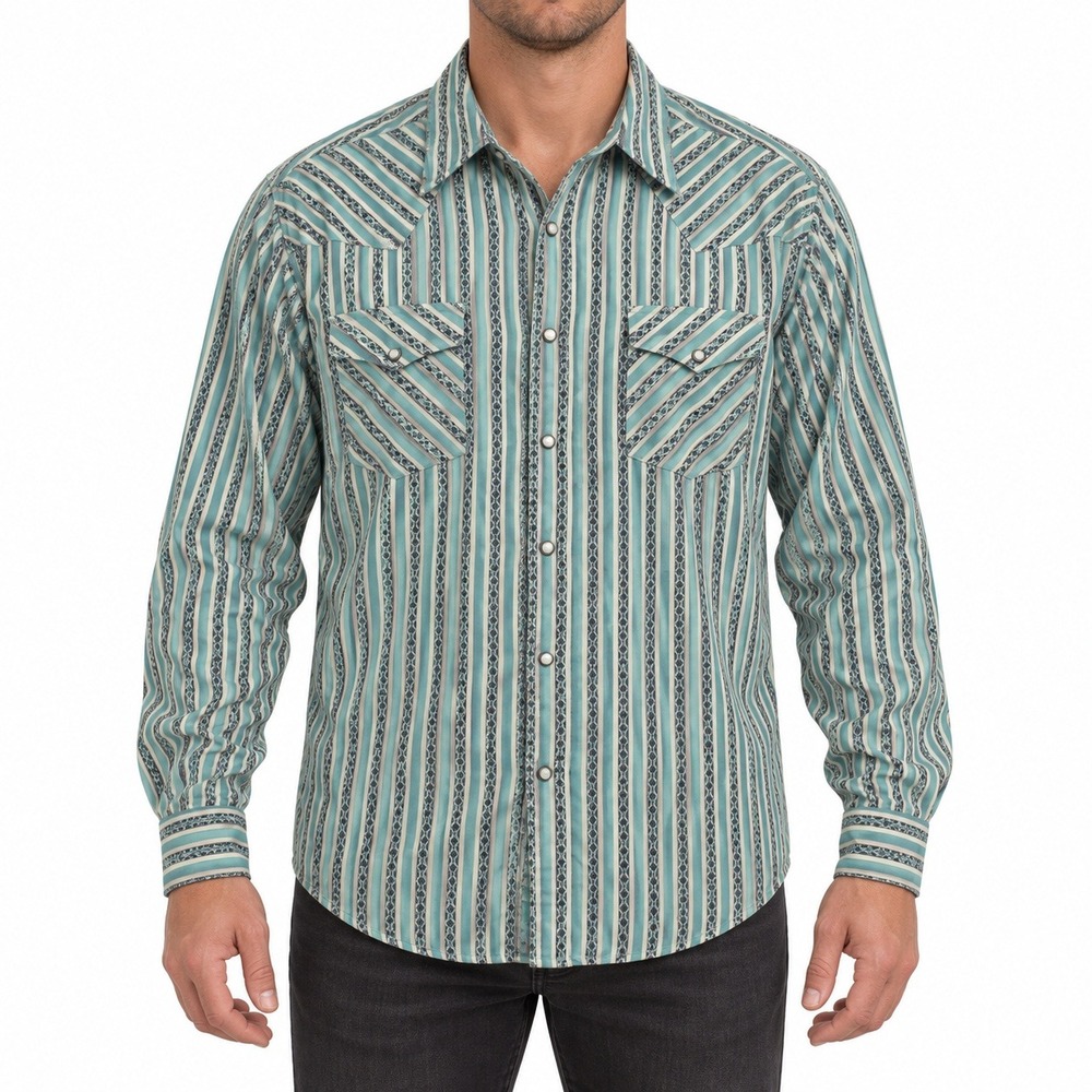 Tecovas Western Pearl Snap Shirt Mens Large Teal Striped Geometric TECMSP22W10